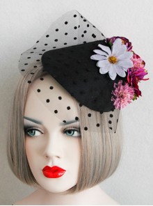Fashion Personality Exaggerated Halloween Color Flowers Polka Dot Net Yarn Black Top Hat Hairpin