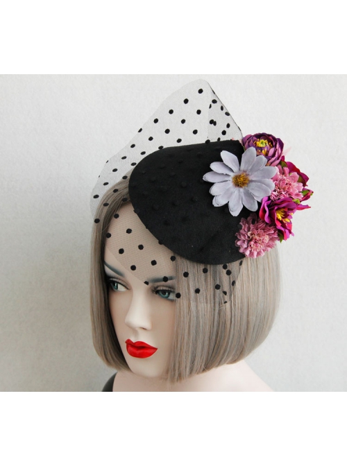 Fashion Personality Exaggerated Halloween Color Flowers Polka Dot Net Yarn Black Top Hat Hairpin