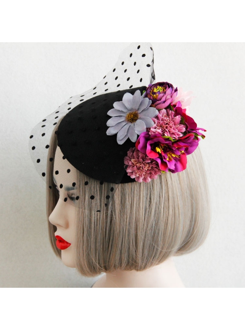 Fashion Personality Exaggerated Halloween Color Flowers Polka Dot Net Yarn Black Top Hat Hairpin