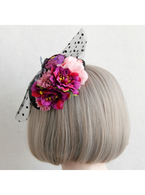 Fashion Personality Exaggerated Halloween Color Flowers Polka Dot Net Yarn Black Top Hat Hairpin