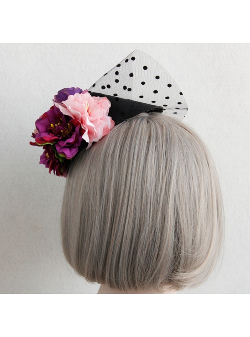 Fashion Personality Exaggerated Halloween Color Flowers Polka Dot Net Yarn Black Top Hat Hairpin