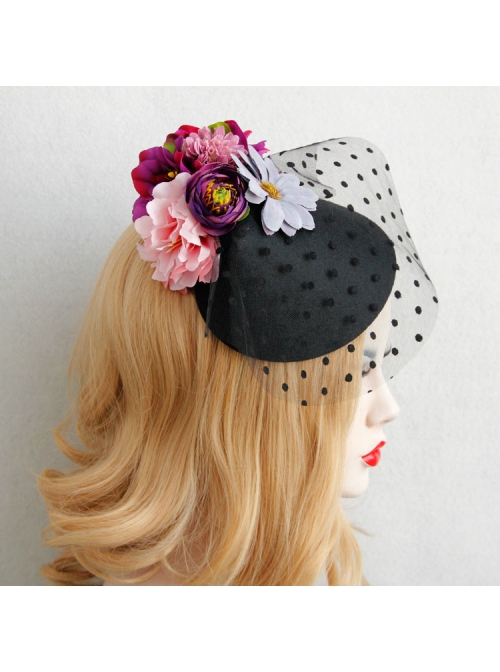 Fashion Personality Exaggerated Halloween Color Flowers Polka Dot Net Yarn Black Top Hat Hairpin
