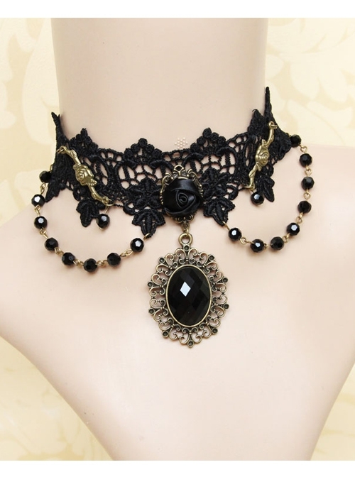 Gothic Retro Man-Made Crystal Fashion Black Lace Rose Multi-Level Female Short Necklace