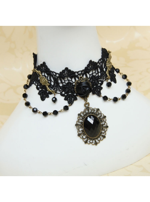 Gothic Retro Man-Made Crystal Fashion Black Lace Rose Multi-Level Female Short Necklace
