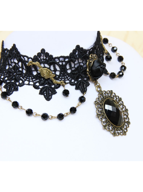 Gothic Retro Man-Made Crystal Fashion Black Lace Rose Multi-Level Female Short Necklace