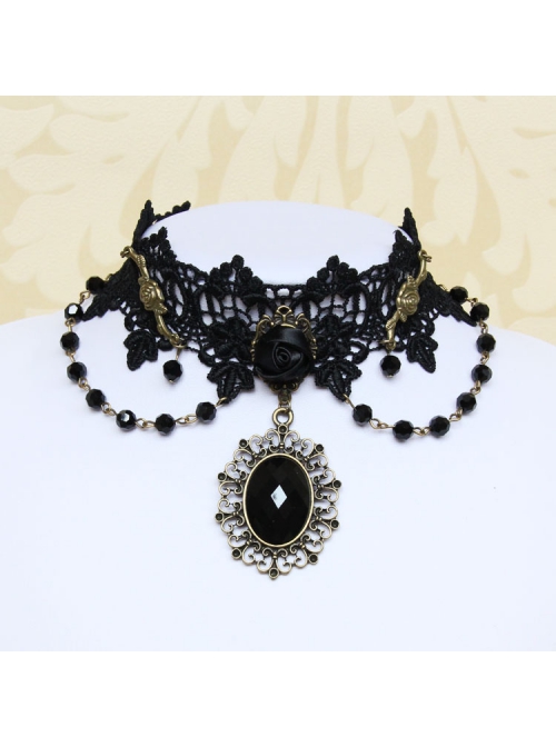 Gothic Retro Man-Made Crystal Fashion Black Lace Rose Multi-Level Female Short Necklace