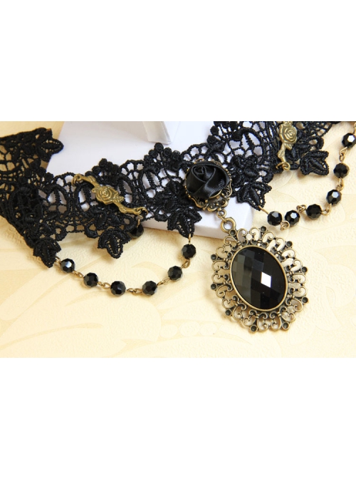 Gothic Retro Man-Made Crystal Fashion Black Lace Rose Multi-Level Female Short Necklace
