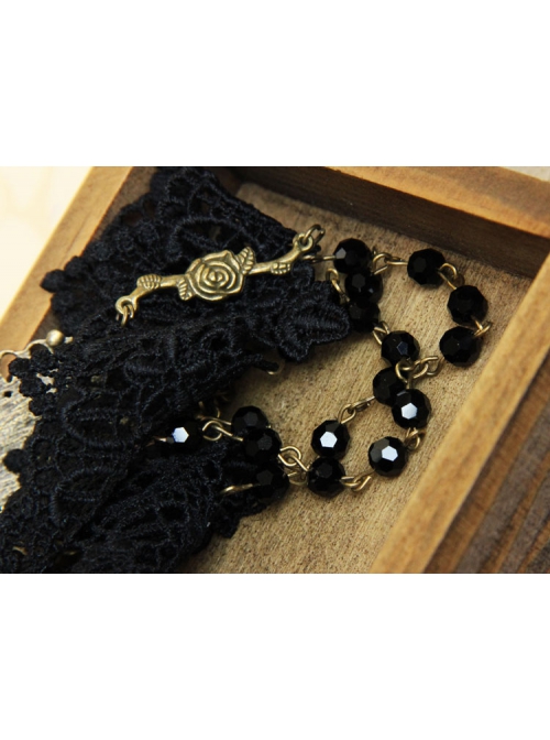 Gothic Retro Man-Made Crystal Fashion Black Lace Rose Multi-Level Female Short Necklace
