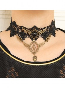 Gothic Black Lace Golden Heart Wings Fashion Exaggerated Retro Choker