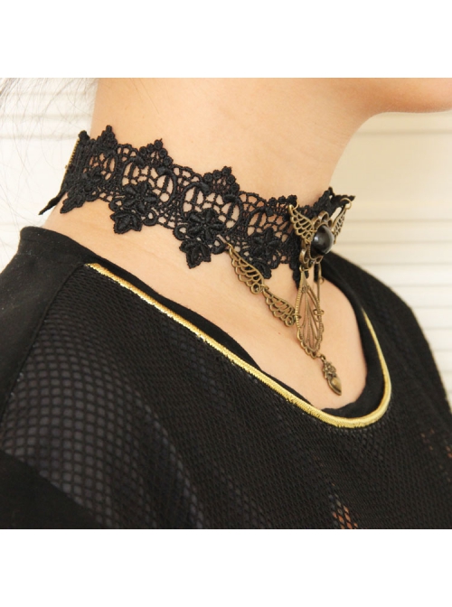 Gothic Black Lace Golden Heart Wings Fashion Exaggerated Retro Choker