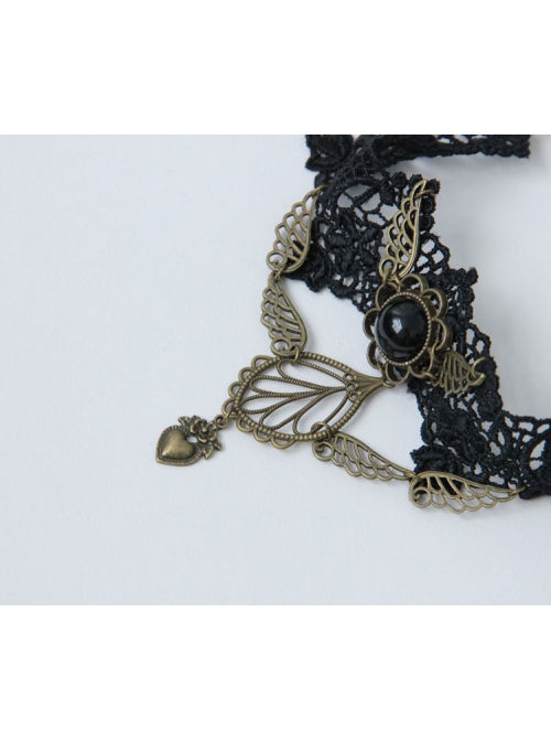Gothic Black Lace Golden Heart Wings Fashion Exaggerated Retro Choker