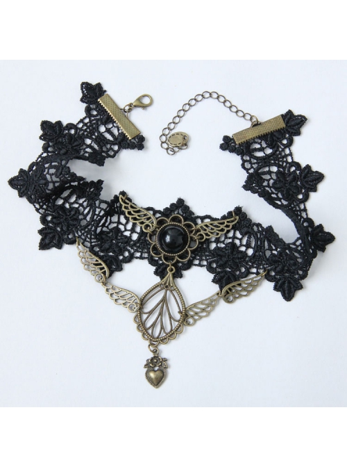 Gothic Black Lace Golden Heart Wings Fashion Exaggerated Retro Choker