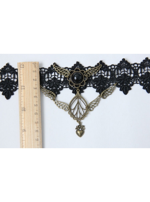 Gothic Black Lace Golden Heart Wings Fashion Exaggerated Retro Choker
