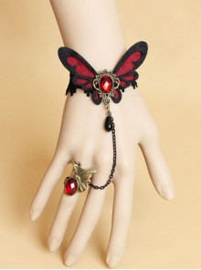Gothic Retro Vampire Burgundy Butterfly Black Lace Ruby Bracelet With Ring One Chain