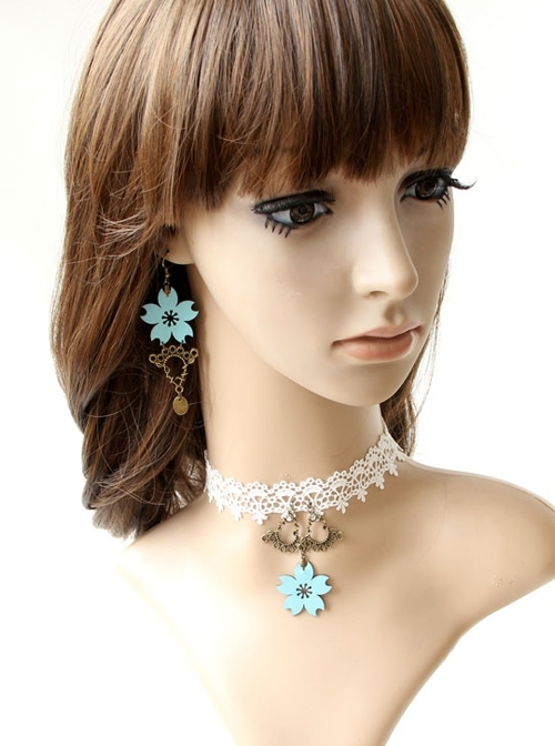 Baroque Fashion Blue Cherry Blossom Retro White Lace Female Choker