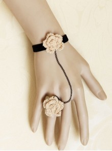 Retro Fashion Simple White Wool Flower Female Black Velvet Bracelet With Ring One Chain