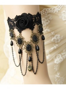 Gothic Exaggerated Fashion Retro Black Lace Rose Pearl Female Tassel Wedding Armband