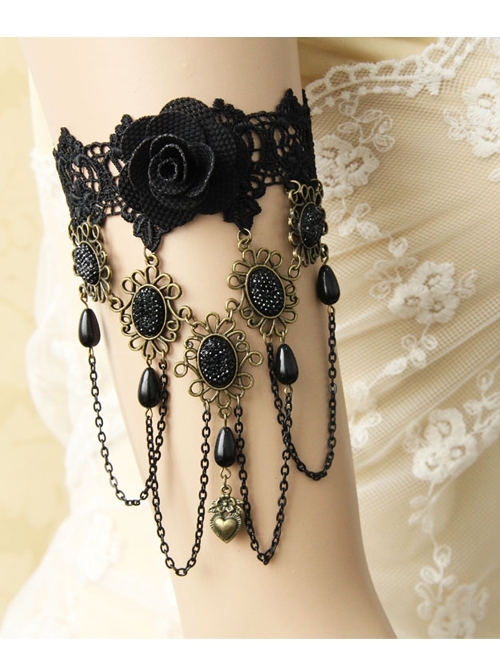 Gothic Exaggerated Fashion Retro Black Lace Rose Pearl Female Tassel Wedding Armband