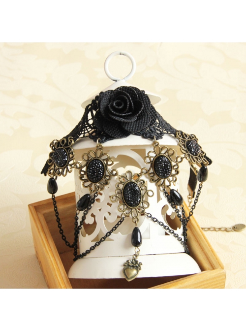 Gothic Exaggerated Fashion Retro Black Lace Rose Pearl Female Tassel Wedding Armband