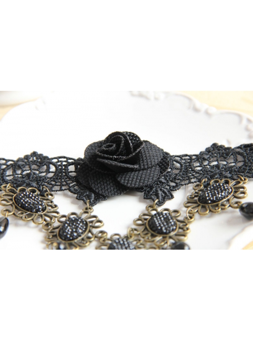 Gothic Exaggerated Fashion Retro Black Lace Rose Pearl Female Tassel Wedding Armband