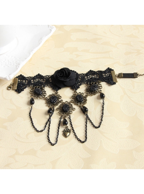 Gothic Exaggerated Fashion Retro Black Lace Rose Pearl Female Tassel Wedding Armband