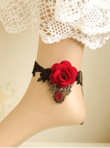Gothic Retro Handmade Personality Fashion Black Lace Red Rose Flower Anklet
