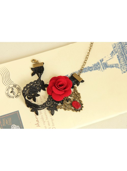 Gothic Retro Handmade Personality Fashion Black Lace Red Rose Flower Anklet