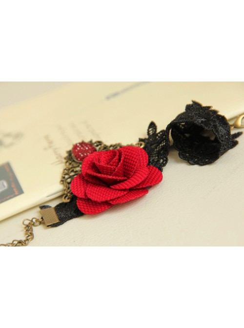Gothic Retro Handmade Personality Fashion Black Lace Red Rose Flower Anklet