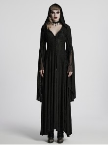 Front Metal Buckle Flare Sleeve Black Gothic Jacquard Knit Long Coat