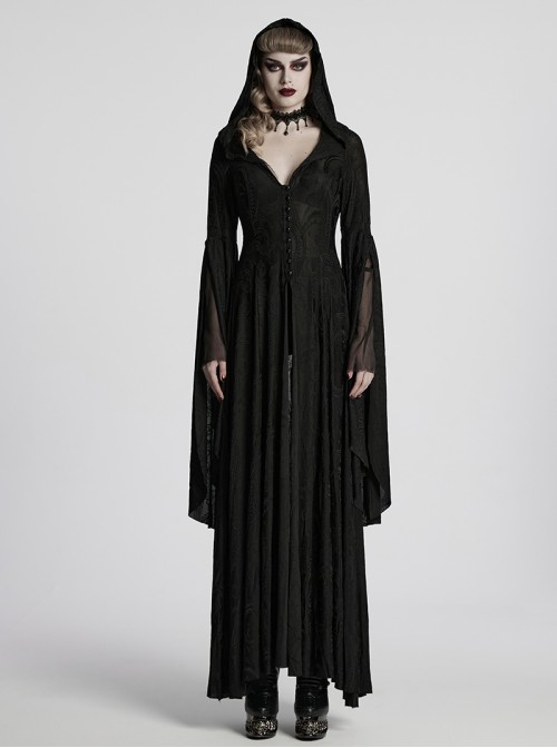 Front Metal Buckle Flare Sleeve Black Gothic Jacquard Knit Long Coat