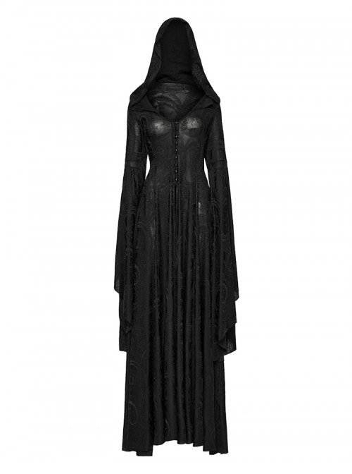 Front Metal Buckle Flare Sleeve Black Gothic Jacquard Knit Long Coat