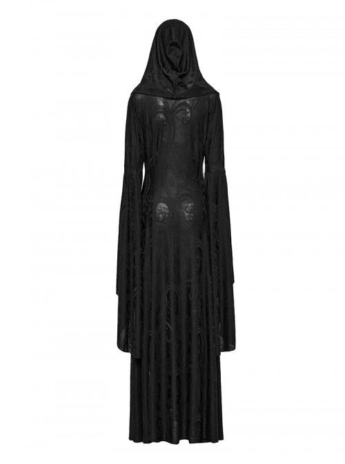 Front Metal Buckle Flare Sleeve Black Gothic Jacquard Knit Long Coat