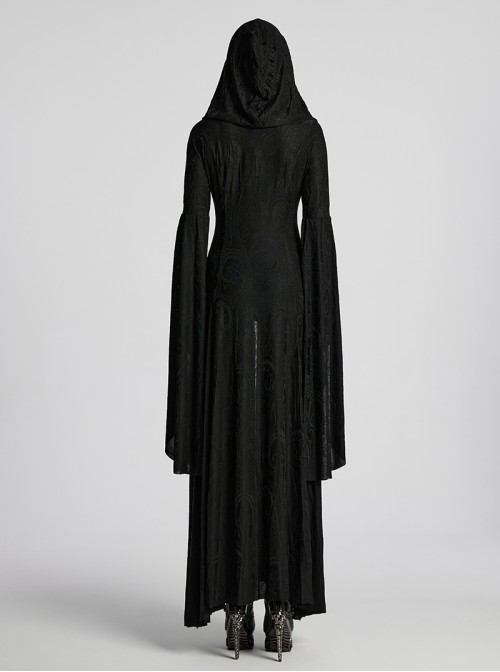 Front Metal Buckle Flare Sleeve Black Gothic Jacquard Knit Long Coat