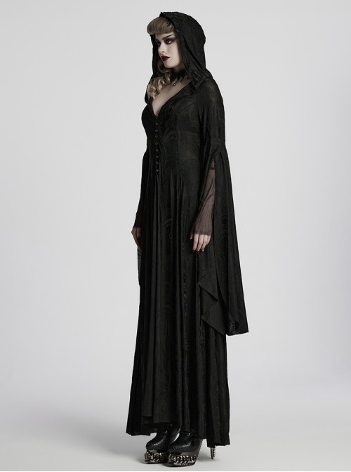 Front Metal Buckle Flare Sleeve Black Gothic Jacquard Knit Long Coat