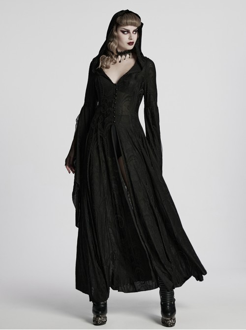 Front Metal Buckle Flare Sleeve Black Gothic Jacquard Knit Long Coat