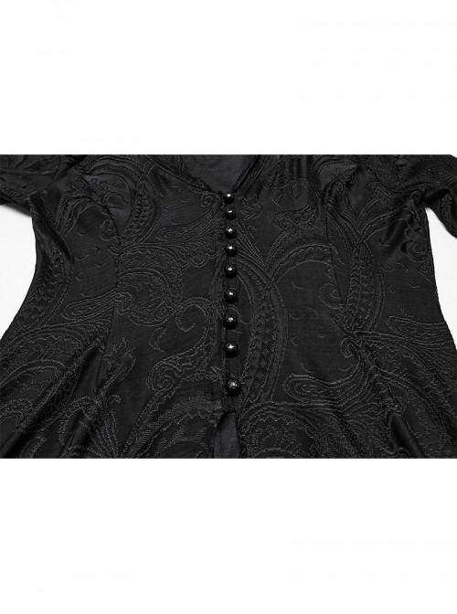 Front Metal Buckle Flare Sleeve Black Gothic Jacquard Knit Long Coat