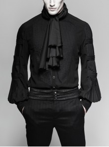 High Collar Flounce Neckline Press Pleated Lantern Sleeve Front Retro Metal Button Black Gothic Shirt