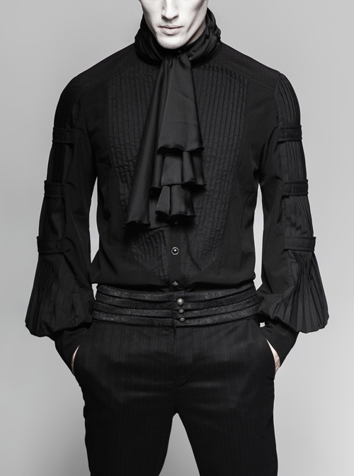 High Collar Flounce Neckline Press Pleated Lantern Sleeve Front Retro Metal Button Black Gothic Shirt