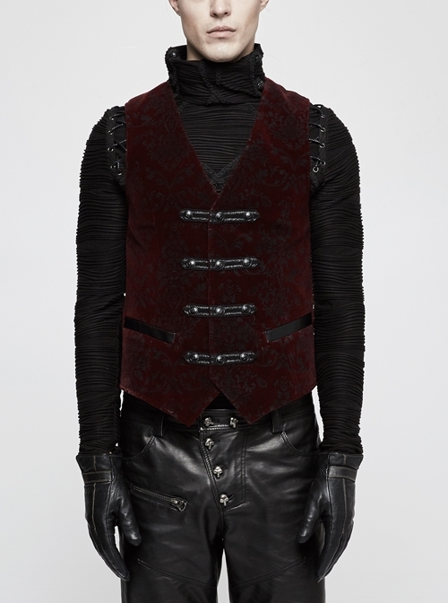 Front Metal Buckle Weave Strap Wine Red Gothic Velveteen Printing Vest
