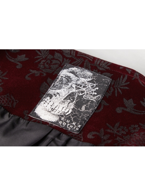Front Metal Buckle Weave Strap Wine Red Gothic Velveteen Printing Vest