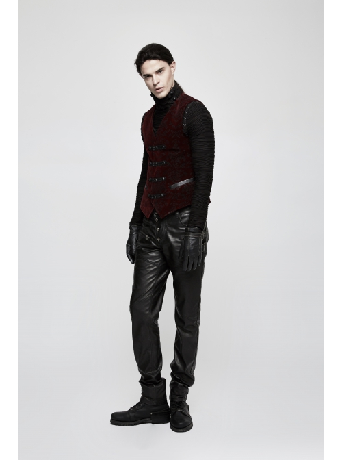 Front Metal Buckle Weave Strap Wine Red Gothic Velveteen Printing Vest