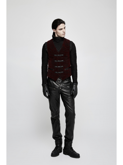Front Metal Buckle Weave Strap Wine Red Gothic Velveteen Printing Vest