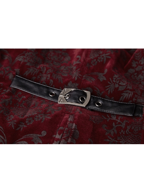 Front Metal Buckle Weave Strap Wine Red Gothic Velveteen Printing Vest