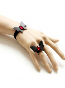 Gothic Black Butterfly Artificial Leather Ruby Retro Fashion Handmade Band Ring Bracelet
