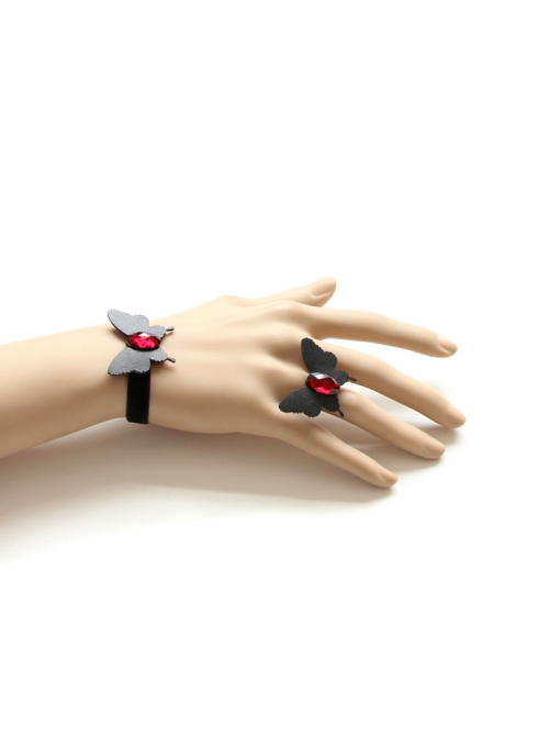 Gothic Black Butterfly Artificial Leather Ruby Retro Fashion Handmade Band Ring Bracelet