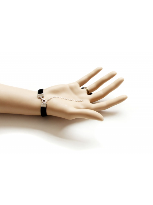 Gothic Black Butterfly Artificial Leather Ruby Retro Fashion Handmade Band Ring Bracelet
