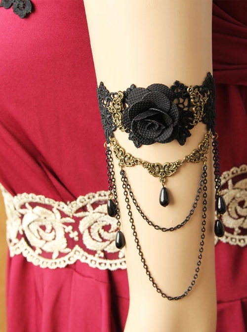 Vintage Gothic Bride Wedding Rose Flower Black Lace Pearl Metal Armband