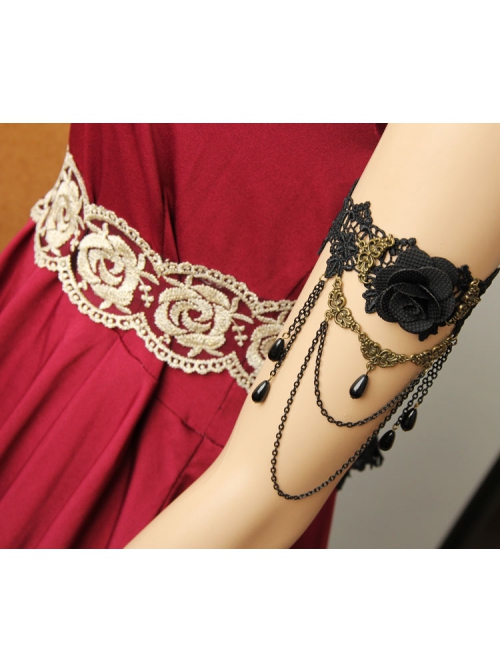 Vintage Gothic Bride Wedding Rose Flower Black Lace Pearl Metal Armband