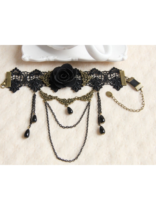 Vintage Gothic Bride Wedding Rose Flower Black Lace Pearl Metal Armband