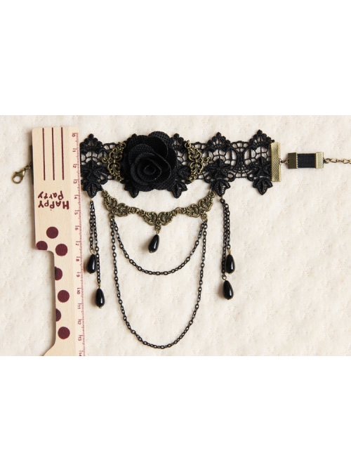 Vintage Gothic Bride Wedding Rose Flower Black Lace Pearl Metal Armband